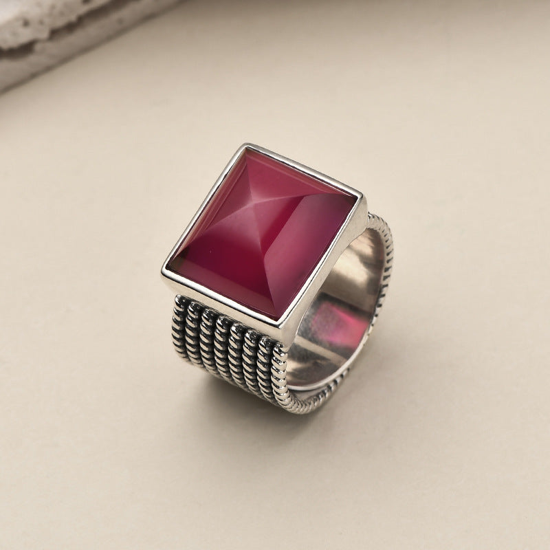 925 Sterling Silver Square Ruby Open Ring - Bold Vintage Design