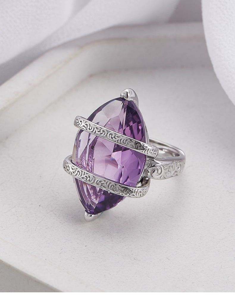 925 Sterling Silver Geometric Amethyst Open Ring