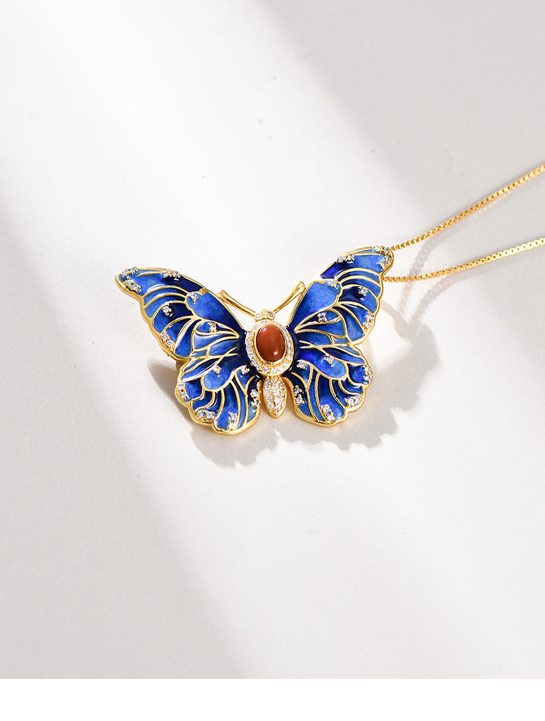 Butterfly Pendant Brooch - 925 Sterling Silver Convertible Necklace & Pin - Ethnic Design