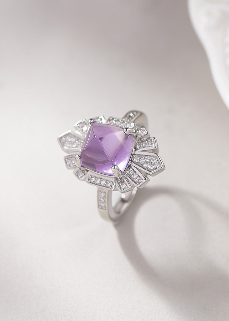 925 Sterling Silver Geometric Faceted Amethyst Open Ring - French Design
