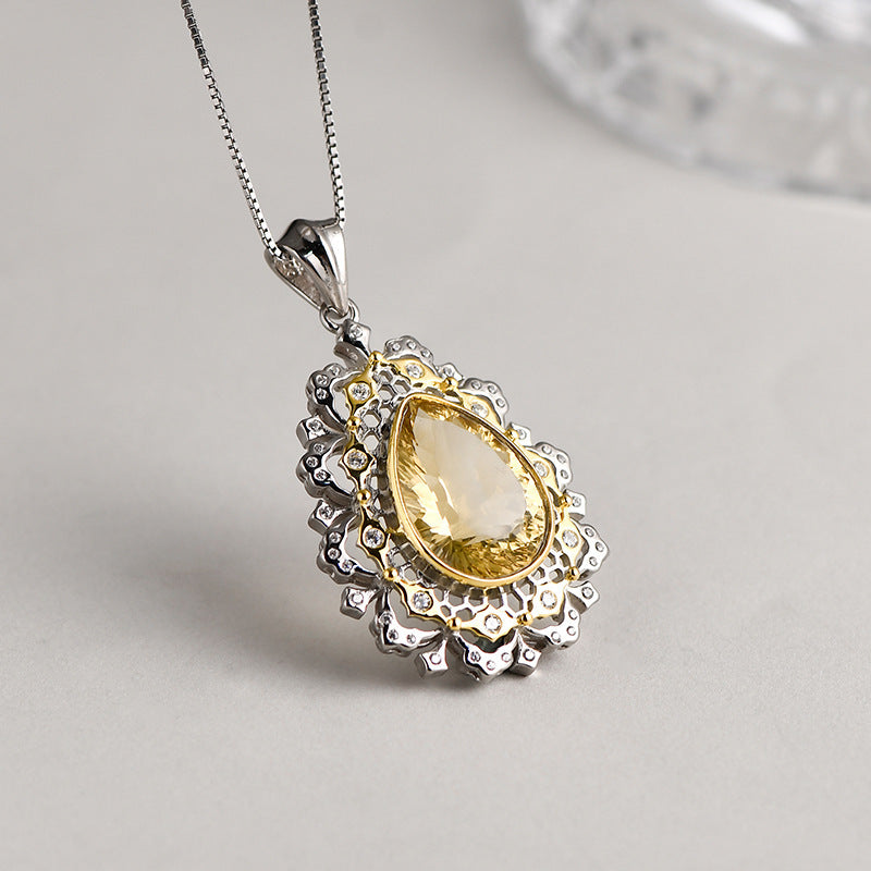 925 Sterling Silver Italian Lace Citrine Teardrop Pendant Necklace - Vintage Court Style