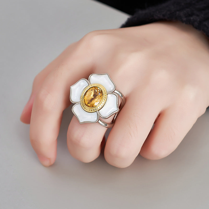 925 Sterling Silver White Shell Camellia Citrine Adjustable Ring