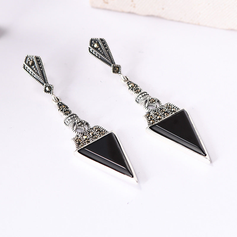 Statement Diamond-Shaped Earrings - 925 Sterling Silver with Black Onyx Triangle Accents