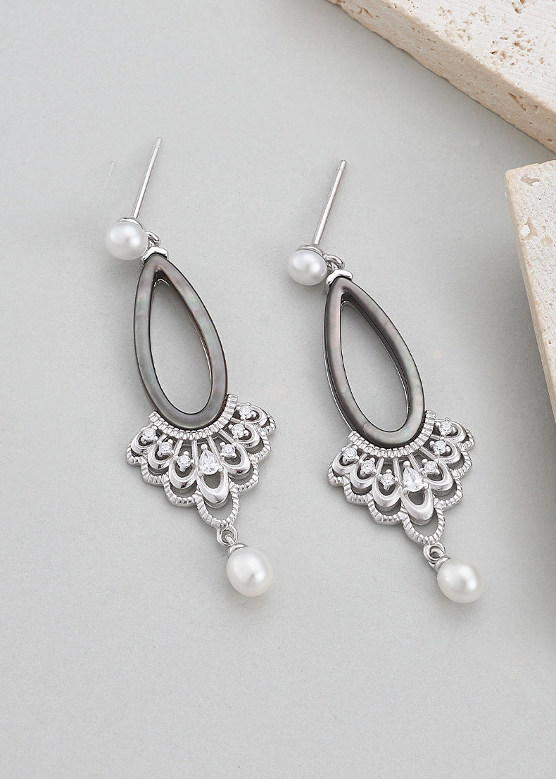 Teardrop Pearl Earrings - 925 Sterling Silver Openwork Long Drop with Black Shell