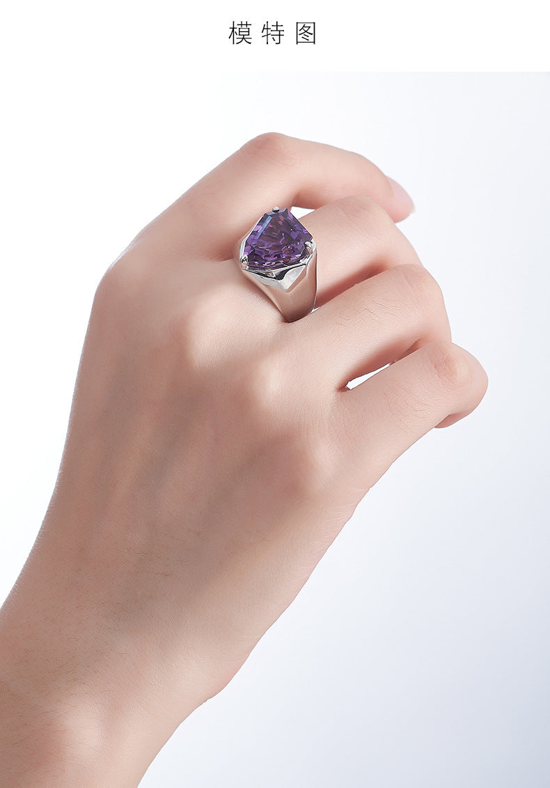 S925 silver cut amethyst geometric personality open ring fashionable simple sweet cool temperament adjustable ring