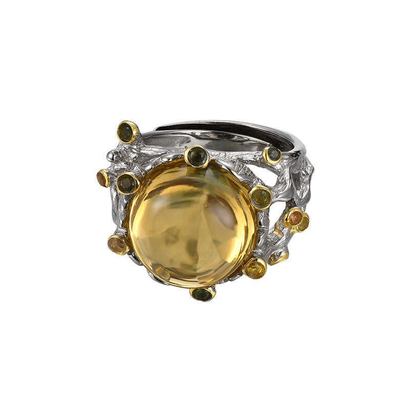 925 Sterling Silver Italian Hollow Amethyst Cabochon Adjustable Ring - Court Style