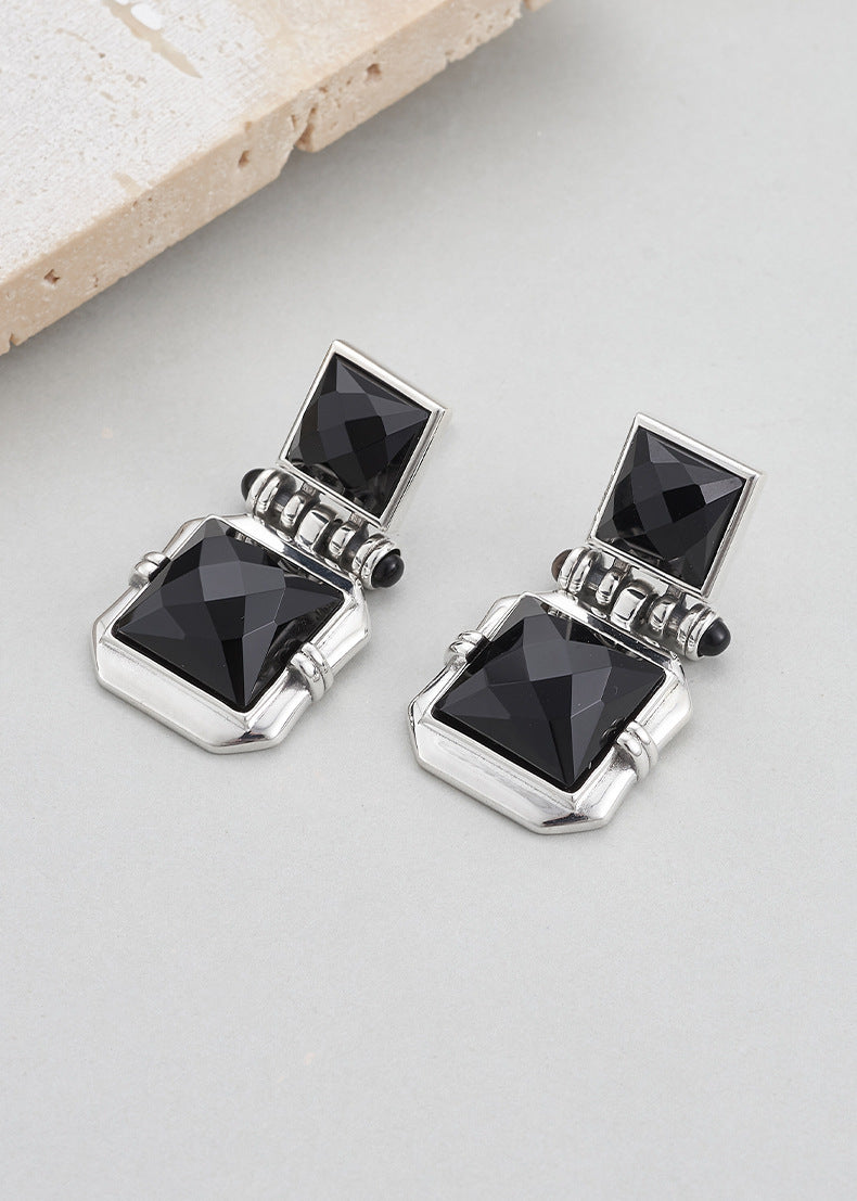 925 Sterling Silver Square Faceted Black Onyx Stud Earrings