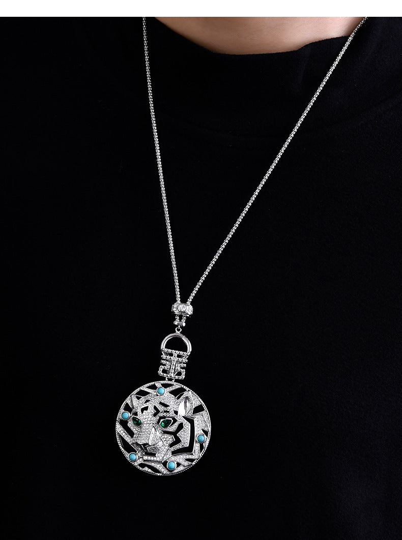 925 Sterling Silver Leopard Black Onyx Pendant Necklace - Statement Design