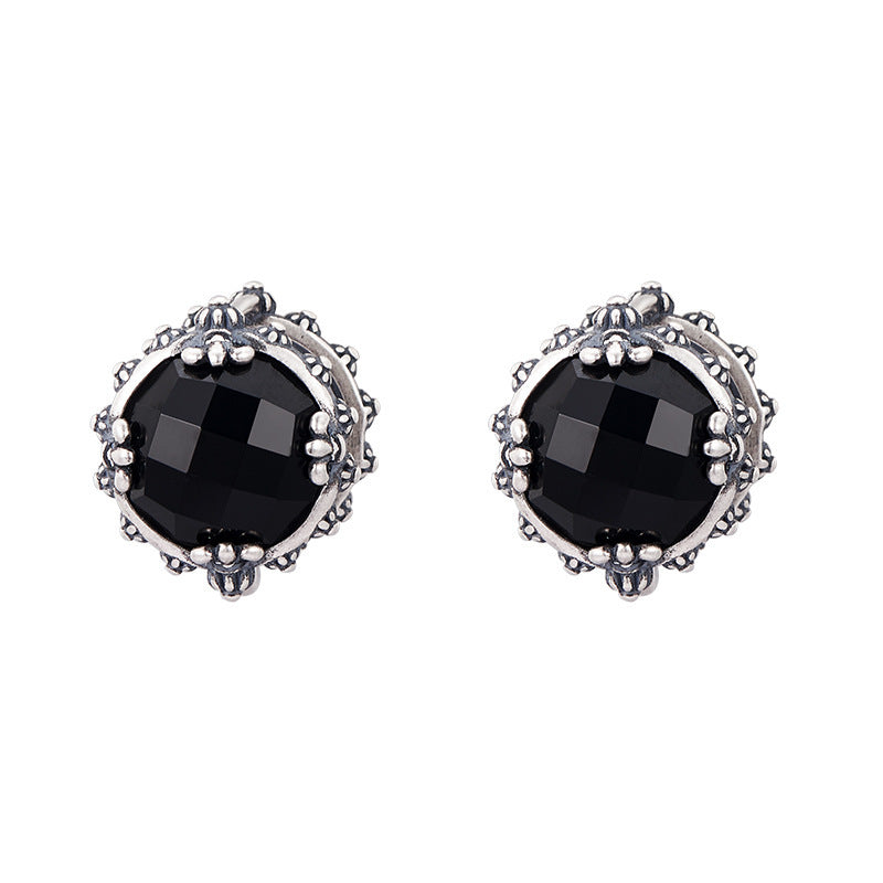 Geometric Onyx Earrings - Polished Sterling Silver Settings