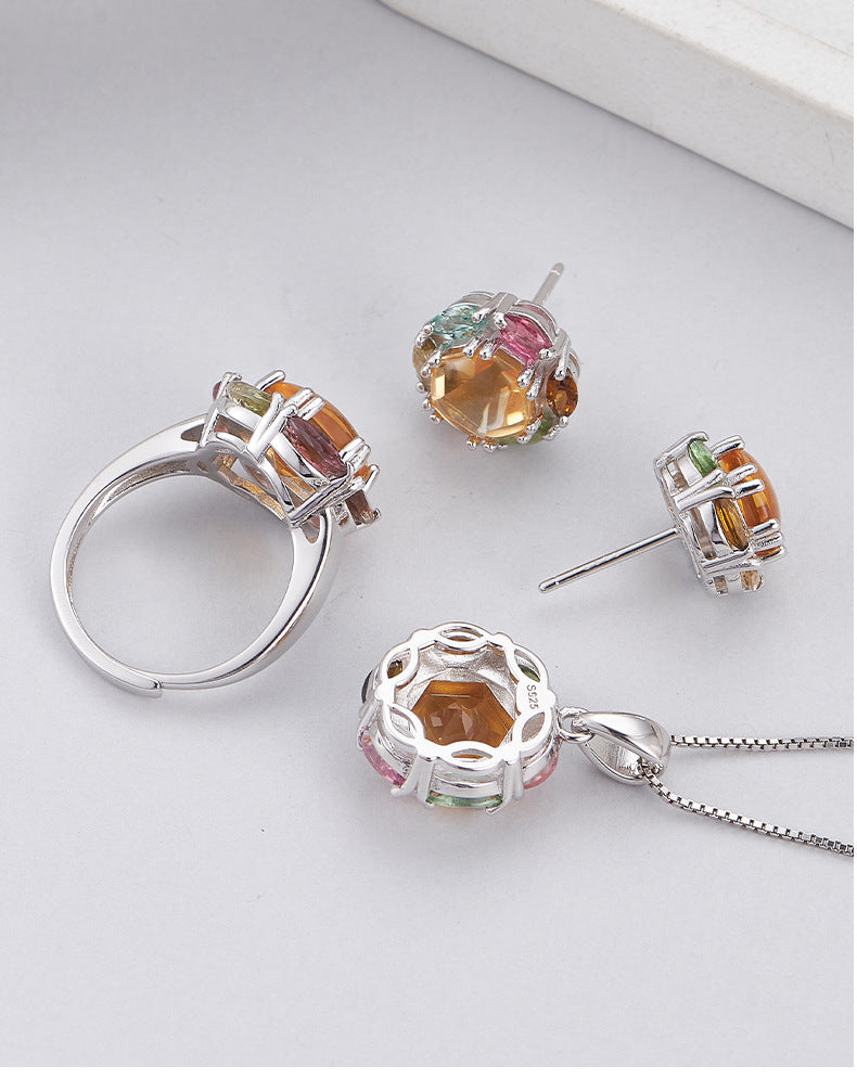 925 Sterling Silver Rainbow Tourmaline Flower Pendant Necklace