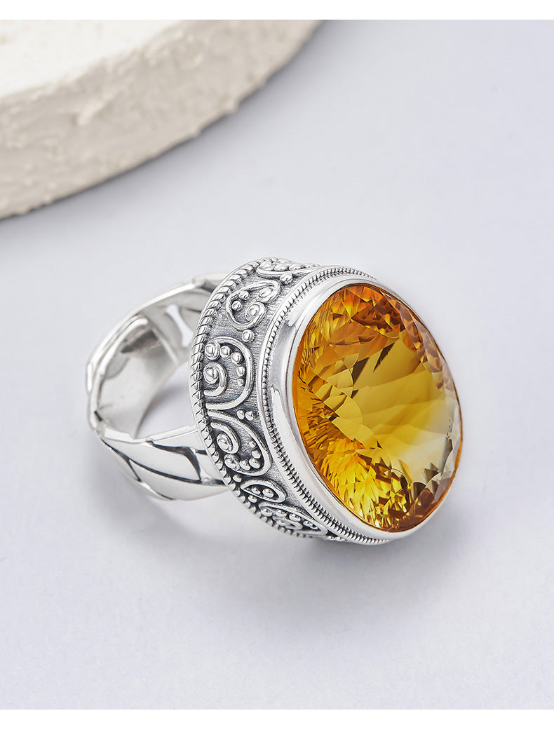 Exaggerated Oval Citrine Ring - 925 Silver Retro Pattern - Unisex Statement Ring