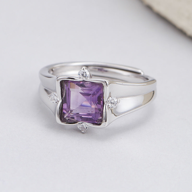 S925 silver natural crystal square ring fashionable versatile niche design adjustable index finger ring women