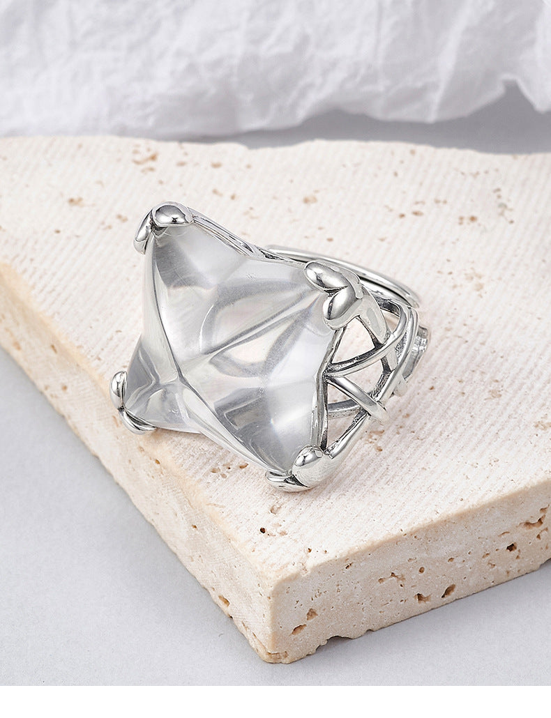 Hollow Geometric Crystal Ring - 925 Silver Large Opening - Exaggerated Index Finger Ring