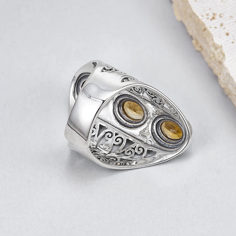 925 Sterling Silver Hollow Citrine & Peridot Adjustable Ring - Vintage Court Style