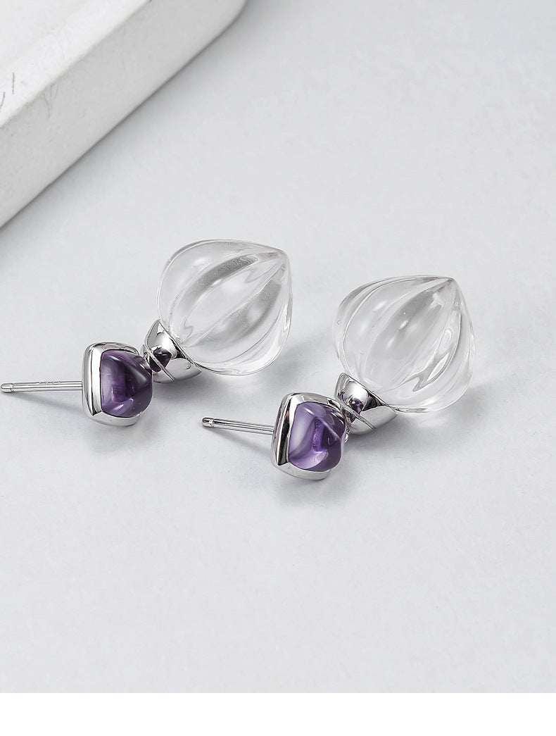 Pumpkin Bead Crystal Stud Earrings - 925 Sterling Silver with White Quartz & Amethyst
