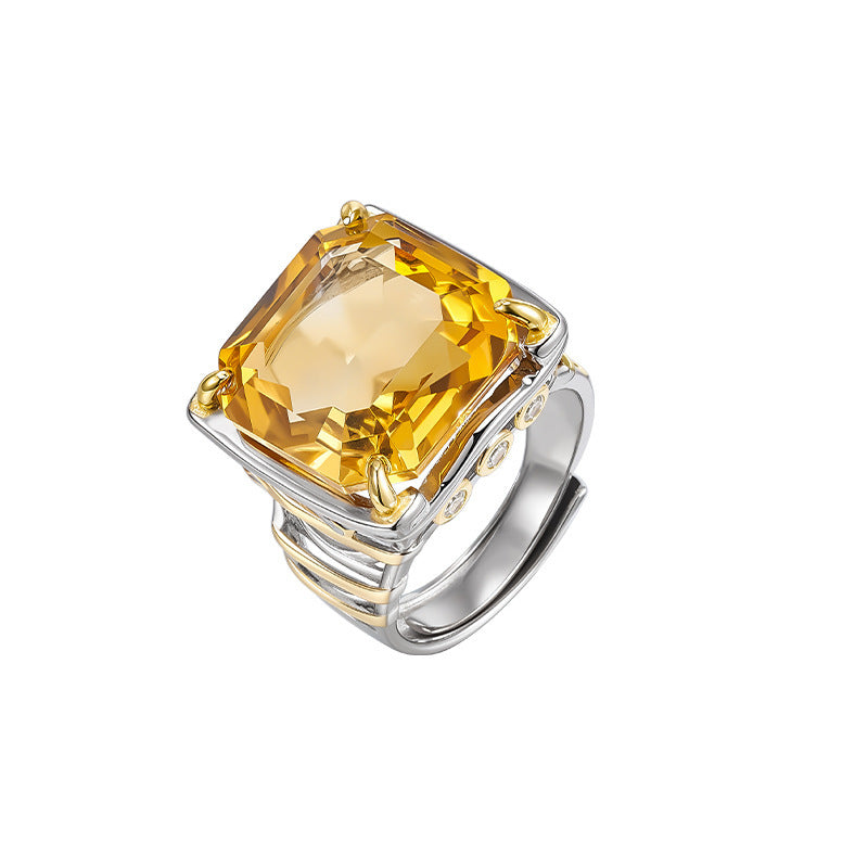 Square Citrine Ring - 925 Silver Italian Contrasting Color - Geometric Opening Ring