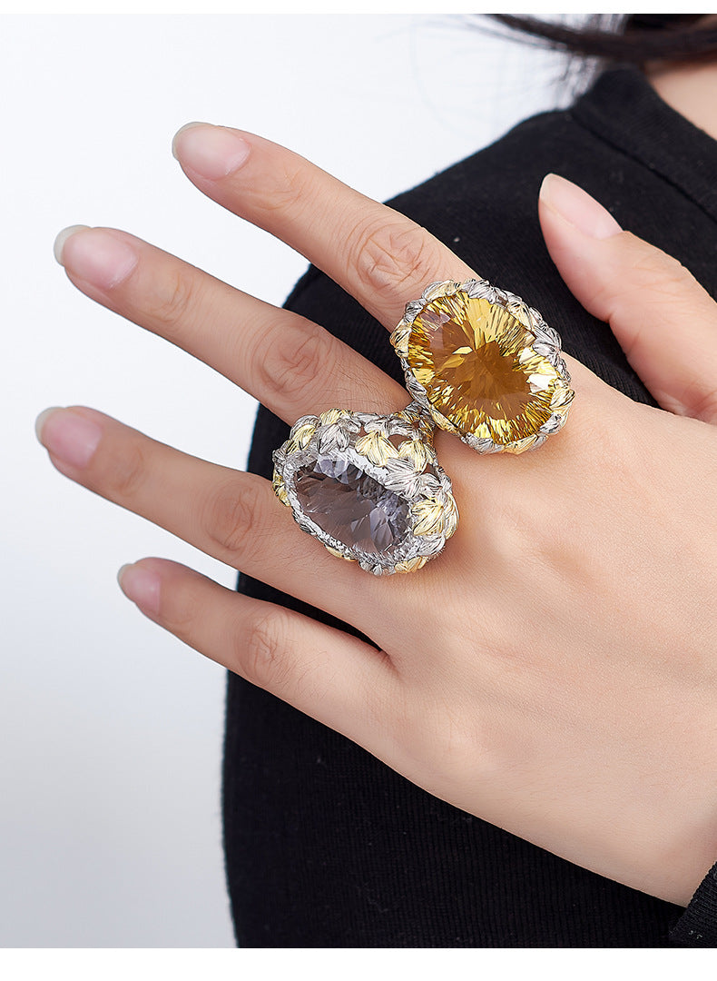 Hollow Leaf Crystal Ring - 925 Silver Exaggerated Design - Statement Citrine Index Finger Ring