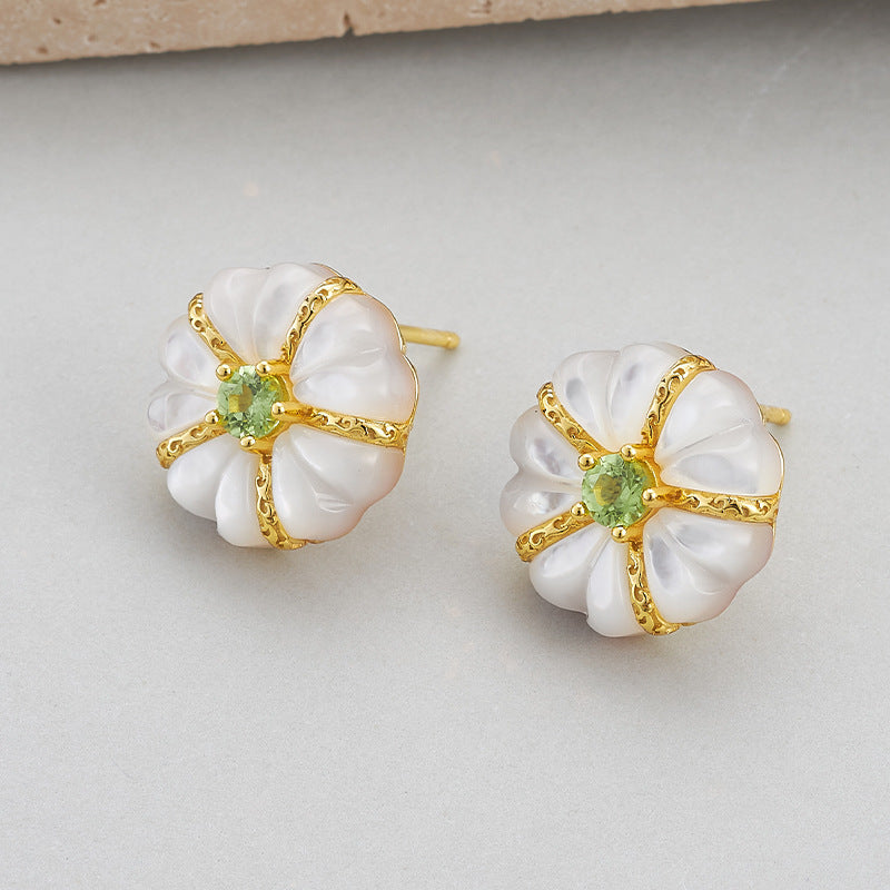 925 Sterling Silver White Shell Peridot Flower Stud Earrings - French Vintage