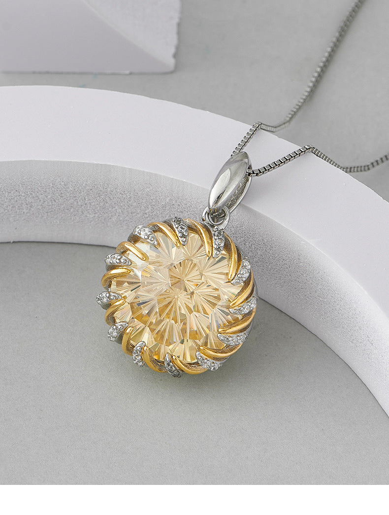 Two-Tone Floral Bud Pendant - 925 Sterling Silver with Yellow Gemstone & Pavé Crystals