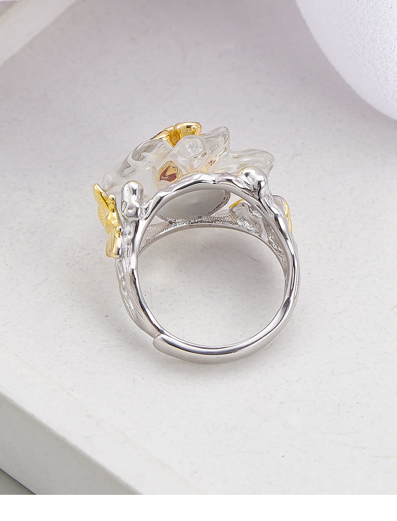 Floral White Quartz & Ruby Ring - 925 Sterling Silver Adjustable Band with Gemstone Accents