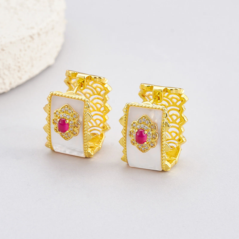 Retro light luxury red corundum ear buckle s925 silver hollow white shell wide-faced earrings temperament exquisite medieval earrings women