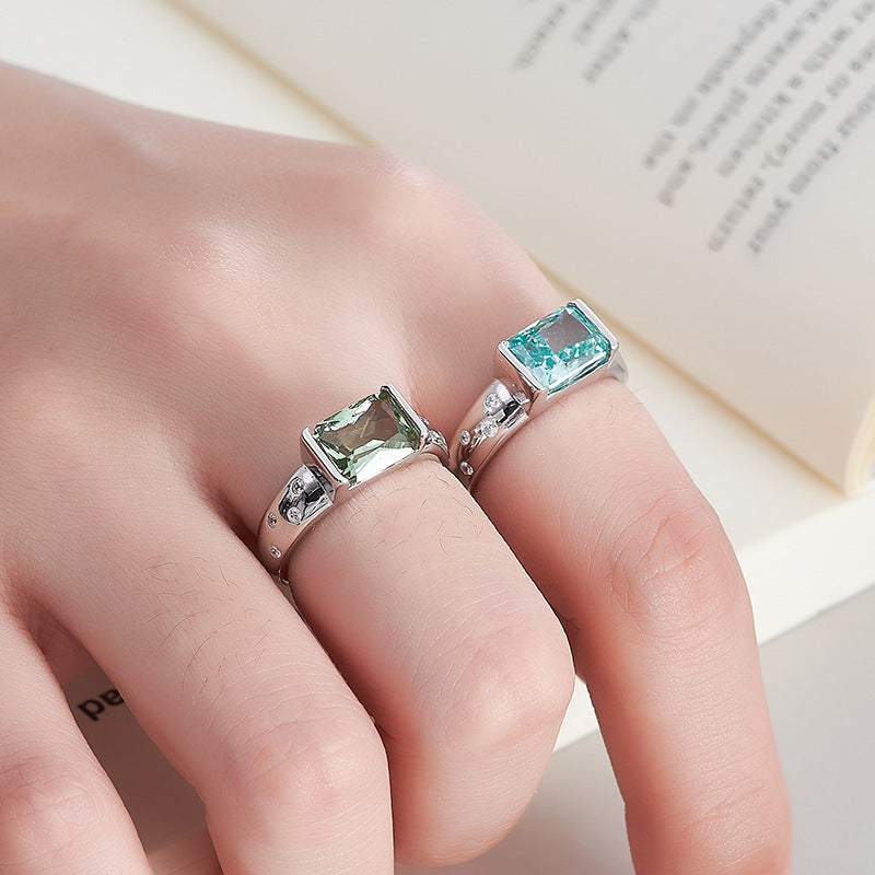 Square Paraiba Tourmaline Ring - 925 Sterling Silver Adjustable Band with Faceted Stone