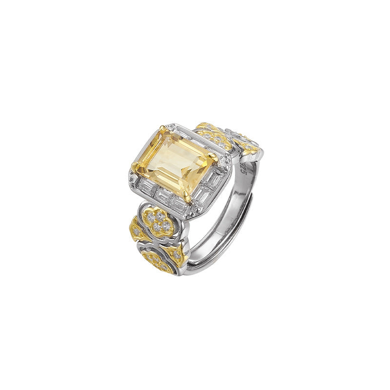 Hollow Flower Citrine Ring - 925 Silver Italian Craft - Geometric Opening Index Finger Ring