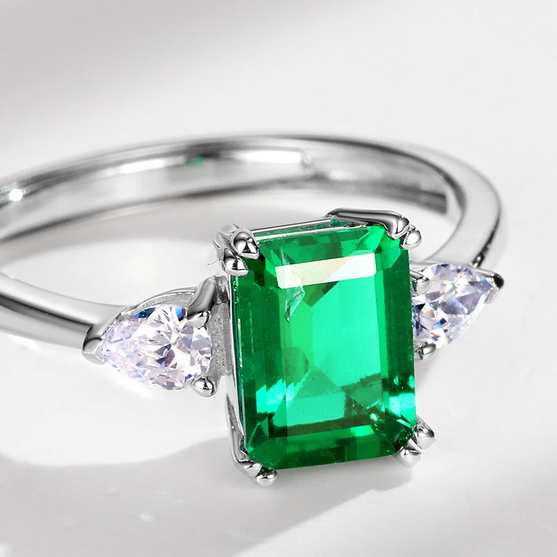 S925 Sterling Silver Princess Square Cultivated Emerald Ring