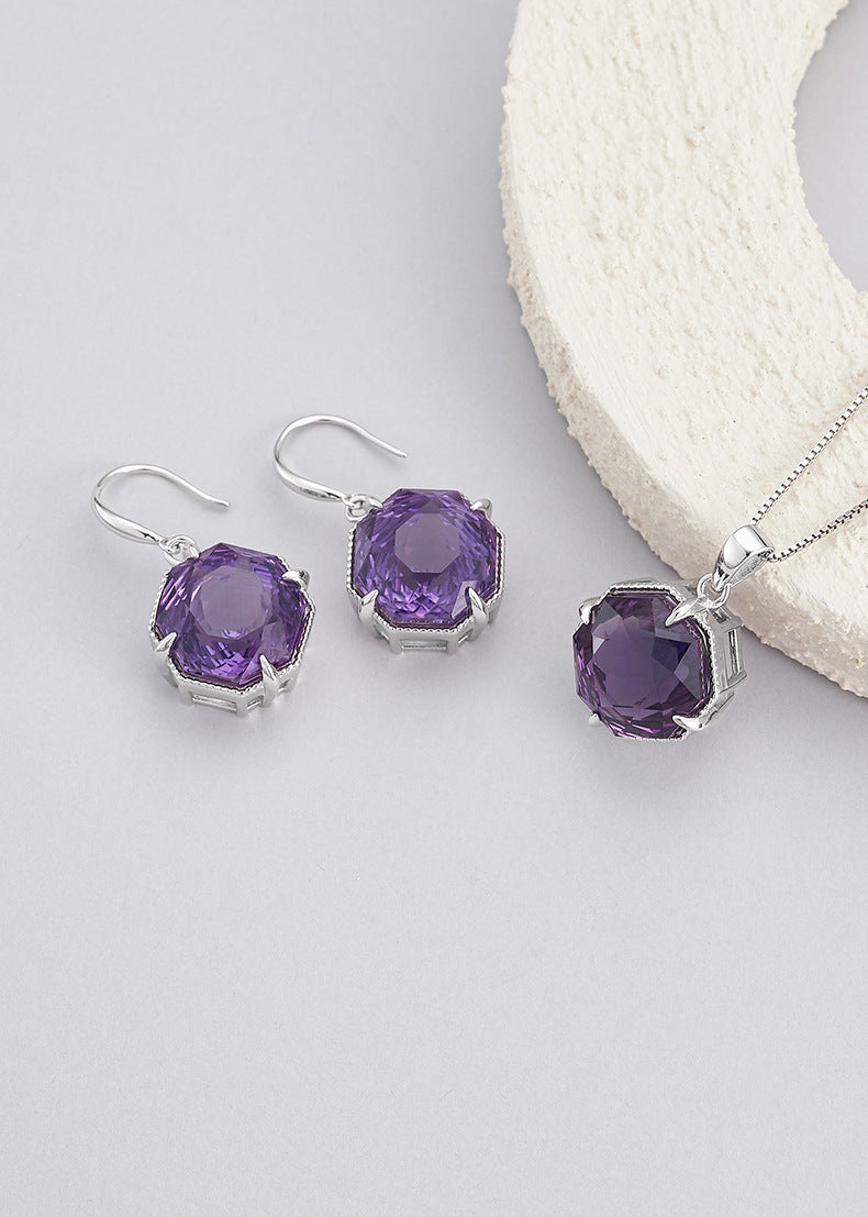 Hexagonal Amethyst Earrings - 925 Silver Geometric Ear Hooks - Light Luxury Design
