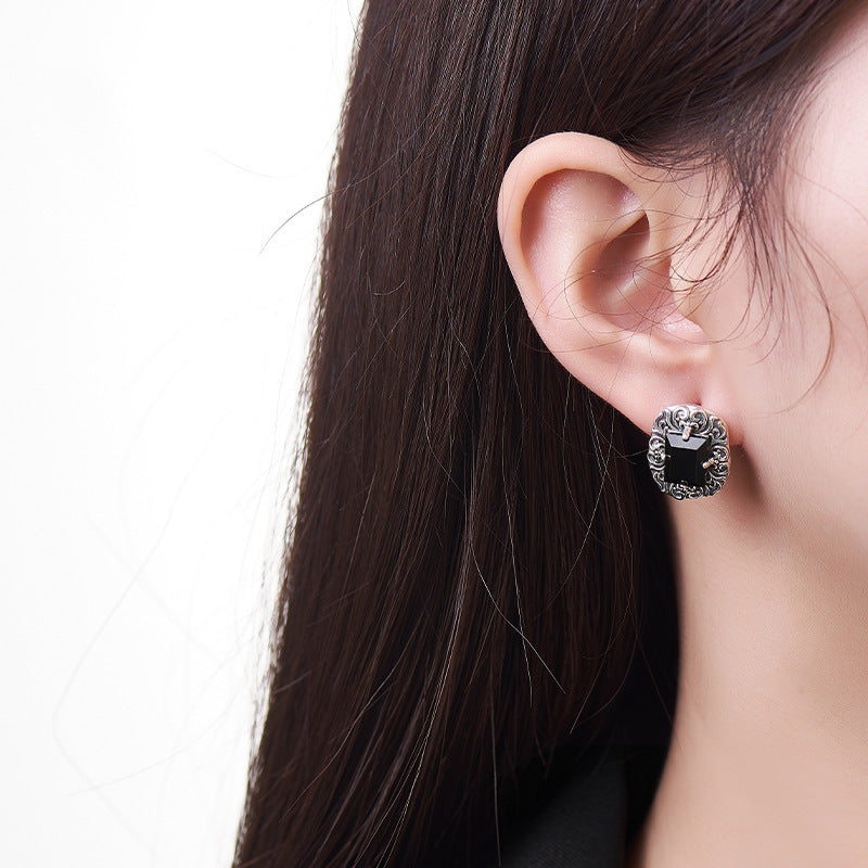 Arabesque Onyx Studs - Intricate Sterling Silver Filigree with Black Gemstone