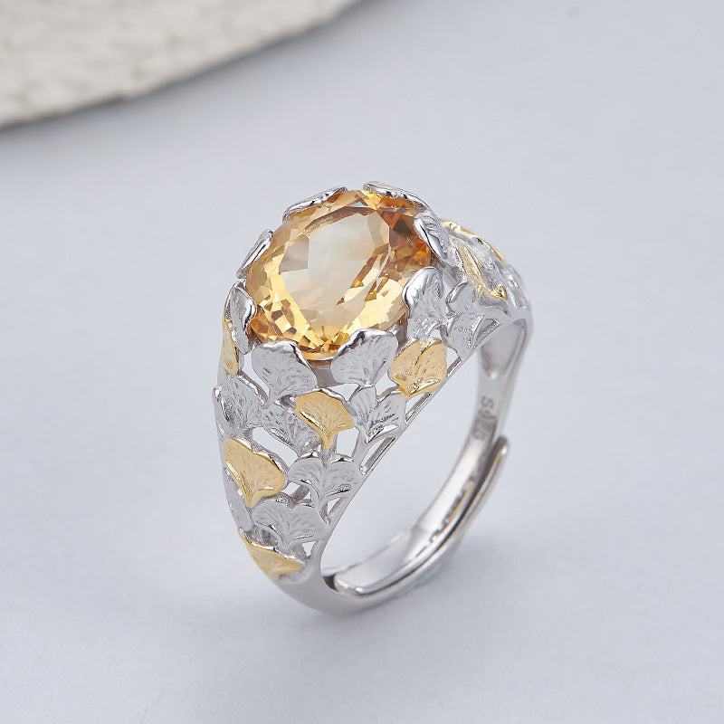 Ginkgo Leaf Citrine Ring | 925 Sterling Silver | Italian Craftsmanship