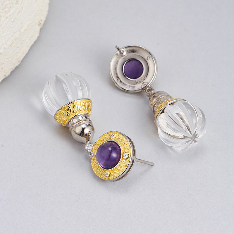 S925 silver natural crystal pumpkin bead earrings retro Italian craftsmanship temperament medieval earrings women