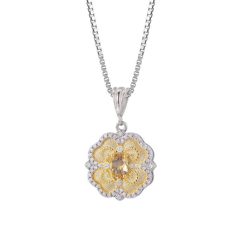 925 Sterling Silver Citrine Lace Pendant Necklace - Elegant Design