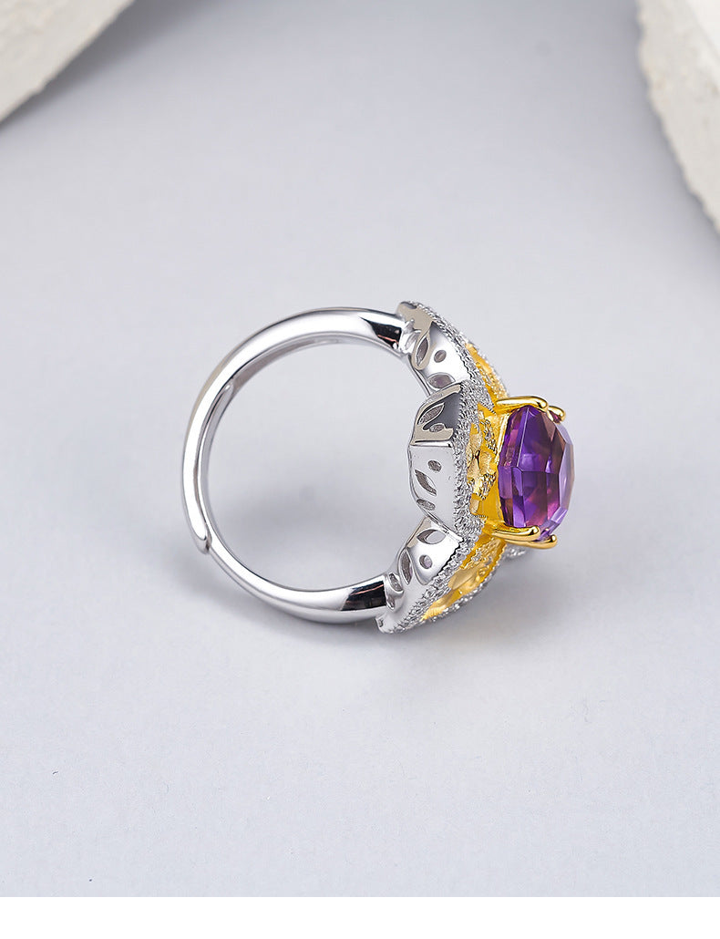 925 Sterling Silver Italian Faceted Amethyst Flower Open Ring