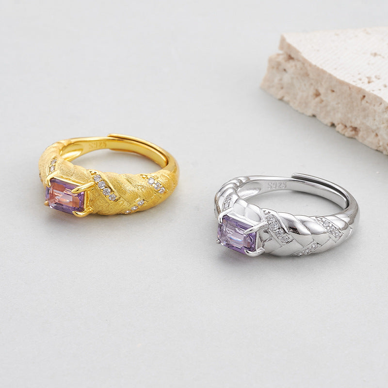 925 Sterling Silver Gold Plated Textured Amethyst Ring - Vintage Design