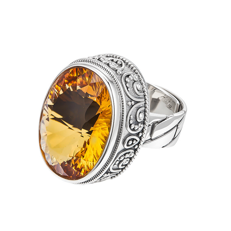 Exaggerated Oval Citrine Ring - 925 Silver Retro Pattern - Unisex Statement Ring