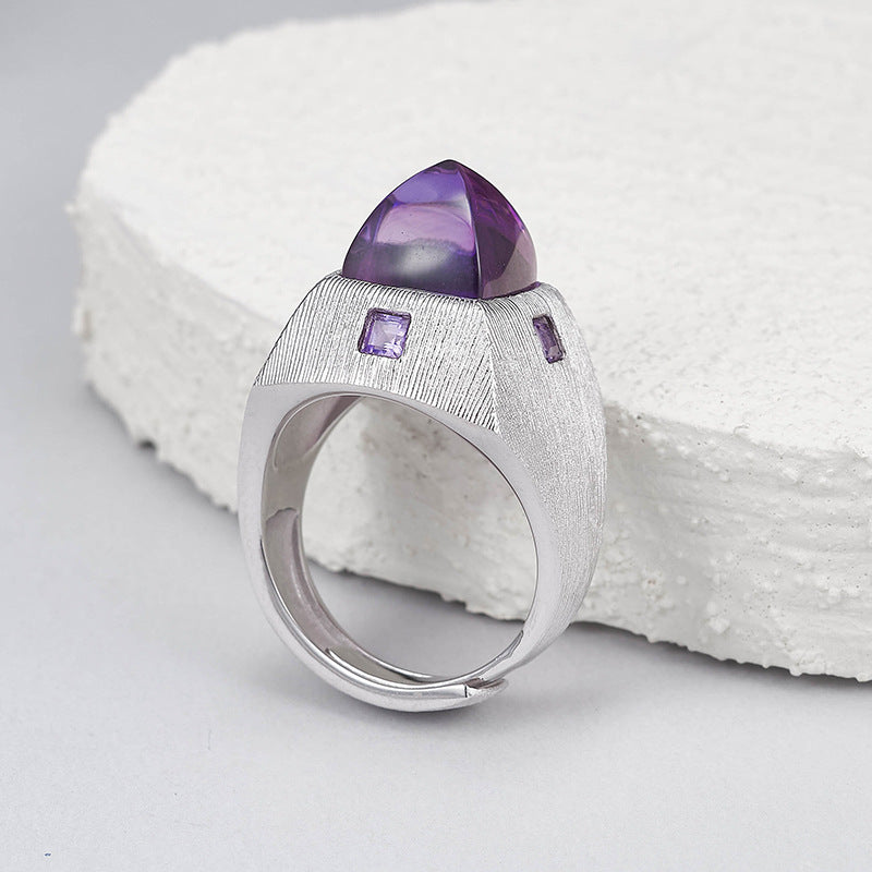 925 Sterling Silver Brushed Amethyst Diamond-Shaped Open Ring