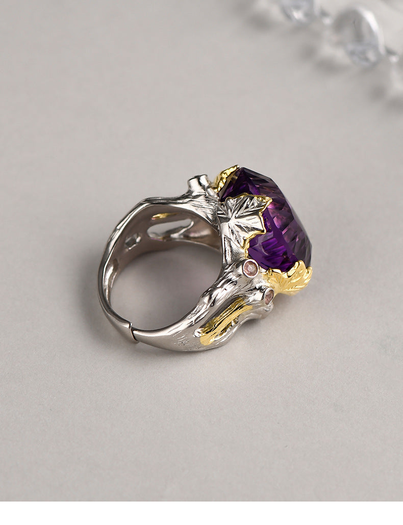 Retro Court Amethyst Ring - 925 Silver Gold-Plated Weave - Heavy Industry Statement Ring