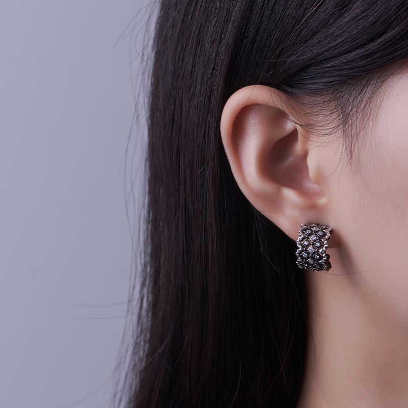 Vintage Lace C-Hoop Earrings - 925 Sterling Silver Italian Filigree Design - Black Finish