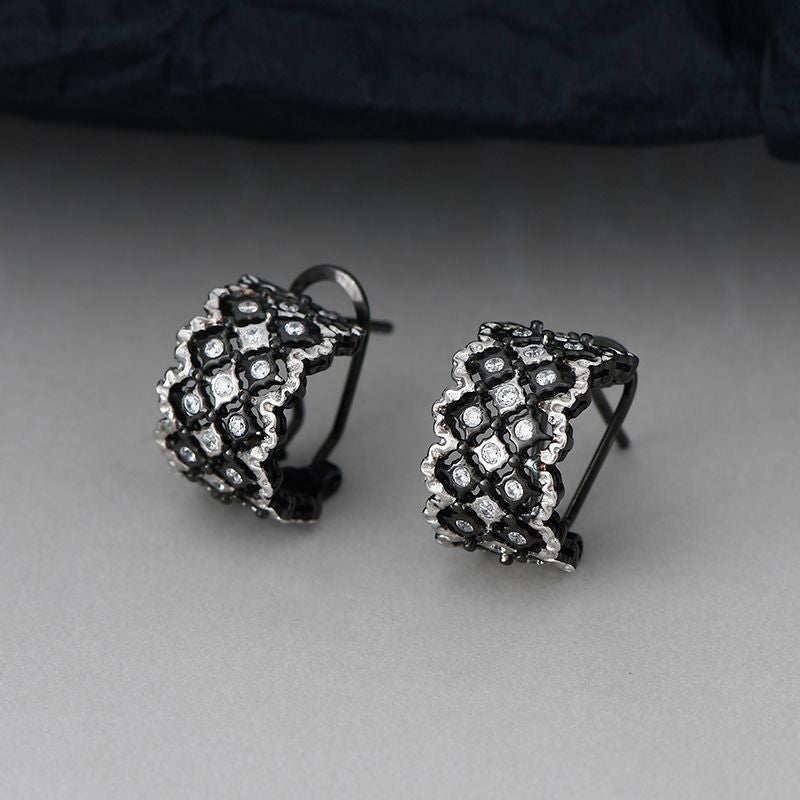 Vintage Lace C-Hoop Earrings - 925 Sterling Silver Italian Filigree Design - Black Finish