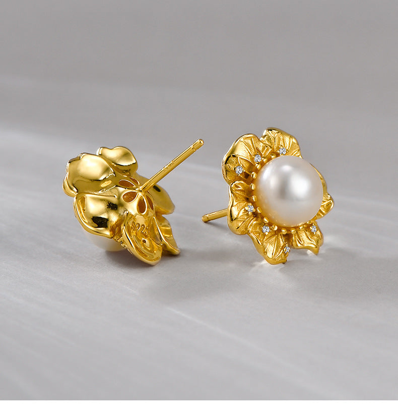 925 Sterling Silver Pearl Flower Stud Earrings - Vintage Design