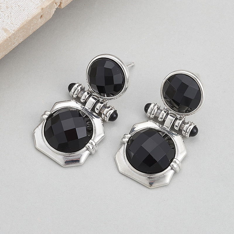 Faceted Onyx Stud Earrings - Solid 925 Silver Setting