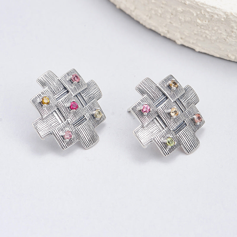 925 Sterling Silver Geometric Textured Stud Earrings