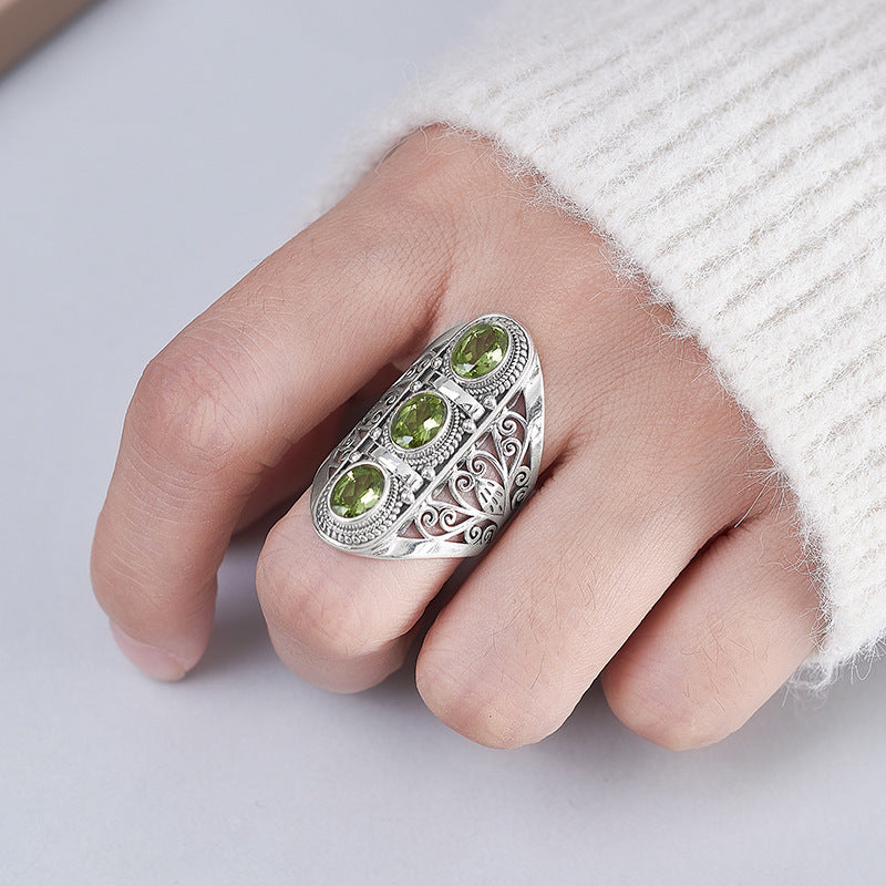 925 Sterling Silver Hollow Citrine & Peridot Adjustable Ring - Vintage Court Style