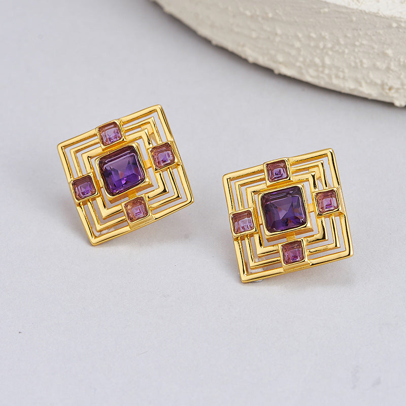S925 silver natural amethyst stud earrings hollow rhombus high-end temperament versatile earrings light luxury