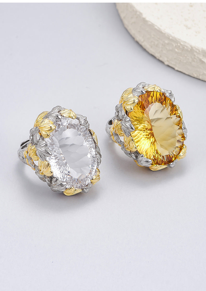 Hollow Leaf Crystal Ring - 925 Silver Exaggerated Design - Statement Citrine Index Finger Ring