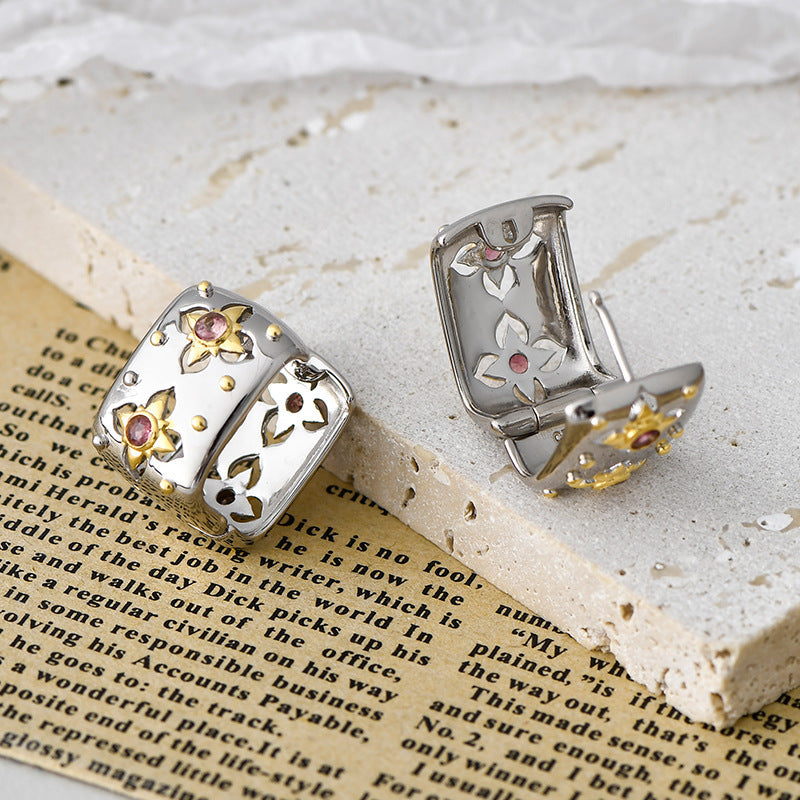 925 Sterling Silver Italian Court Style Square Hollow Earrings - Vintage Design