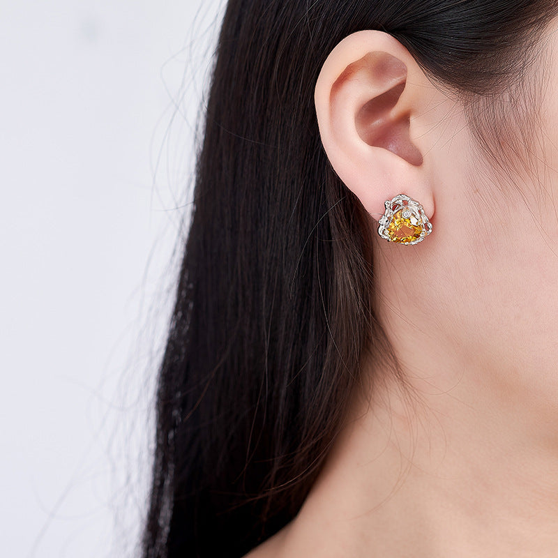 Citrine Triangle Stud Earrings | 925 Sterling Silver | Geometric Earrings