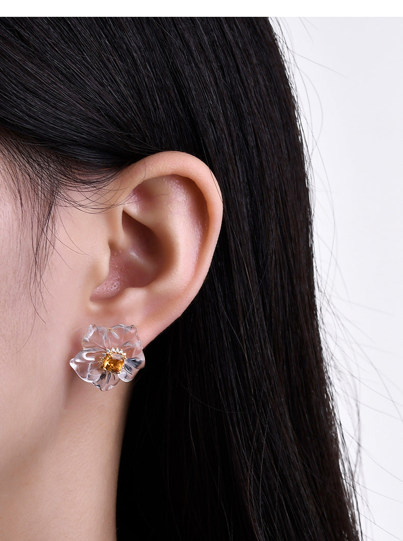 3D Flower Crystal Stud Earrings - 925 Silver Camellia Design - Citrine Accents