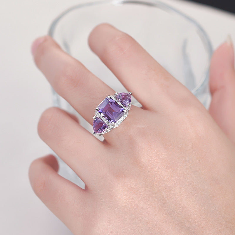 Light luxury niche design geometric ring s925 silver amethyst square fashion temperament versatile open index finger ring